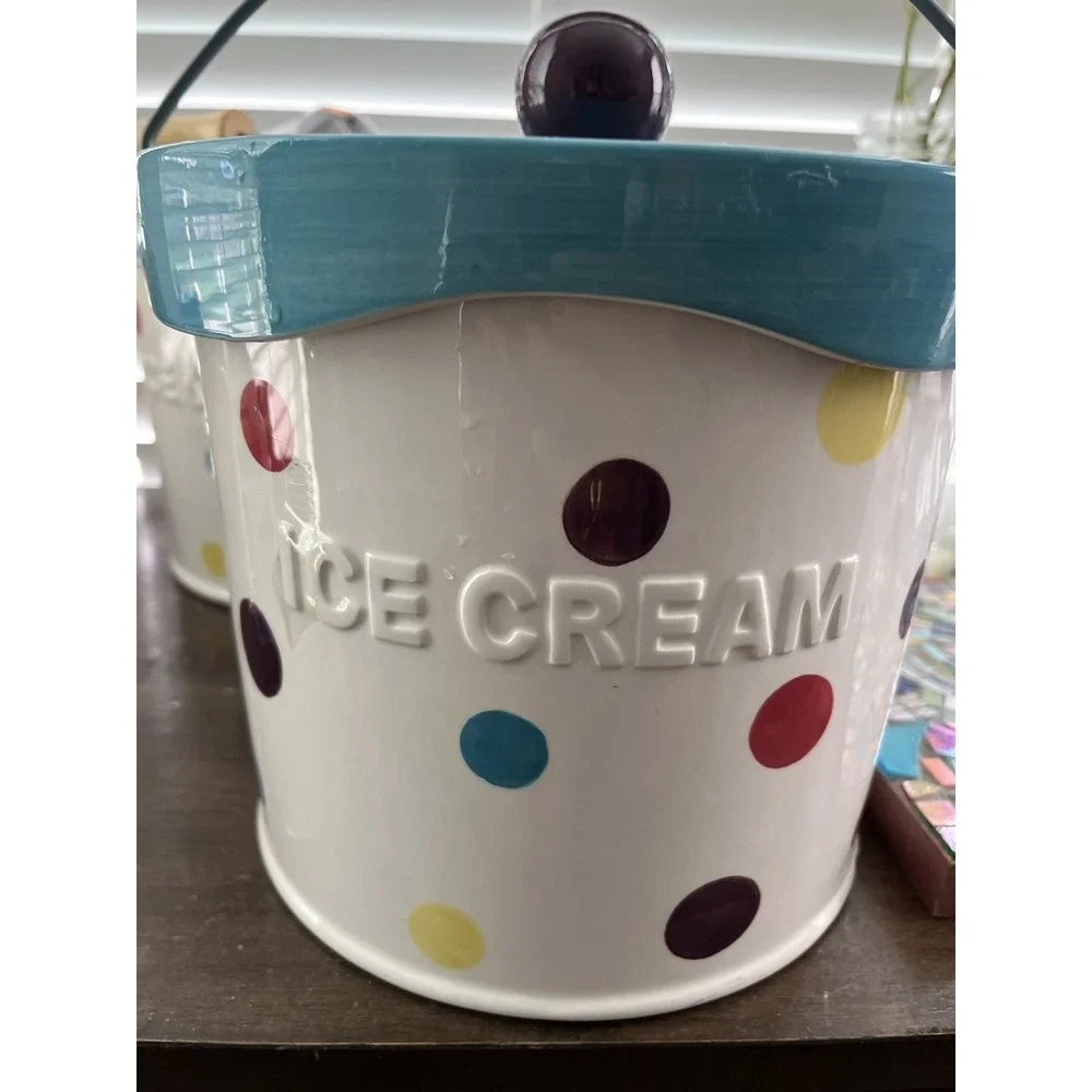 Main Ingredients Ceramic Ice Cream Server Pail Earthenware Polka Dot Cookie Jar